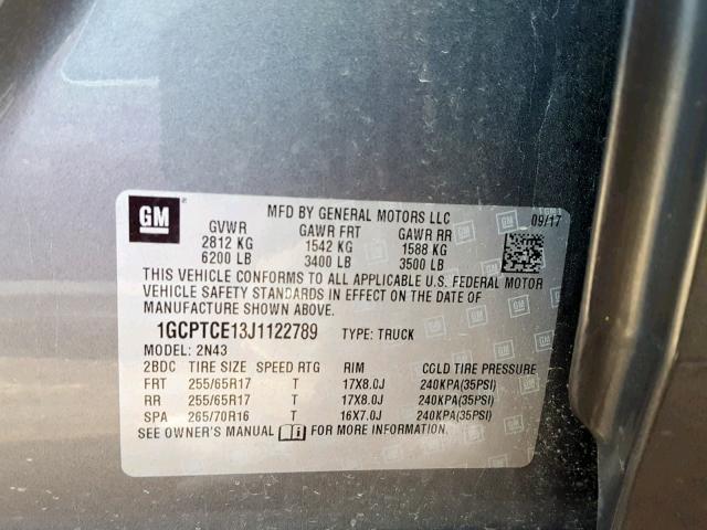 1GCPTCE13J1122789 - 2018 CHEVROLET COLORADO L GRAY photo 10