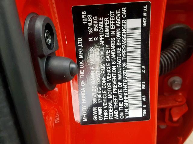 SHHFK7H47KU202129 - 2019 HONDA CIVIC SPOR RED photo 10