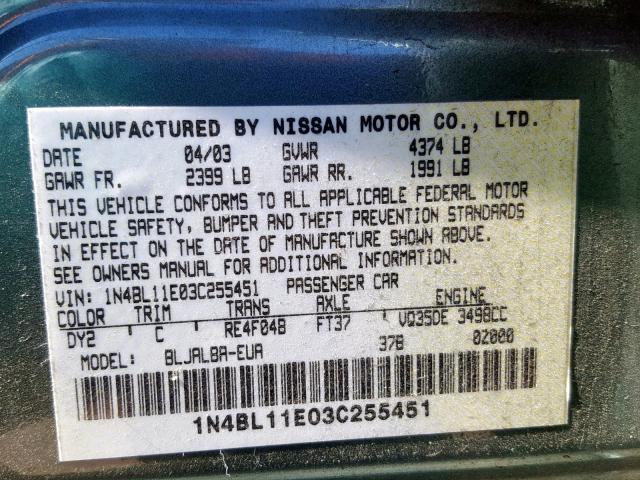 1N4BL11E03C255451 - 2003 NISSAN ALTIMA SE GREEN photo 10