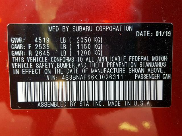 4S3BNAF66K3026311 - 2019 SUBARU LEGACY 2.5 MAROON photo 10
