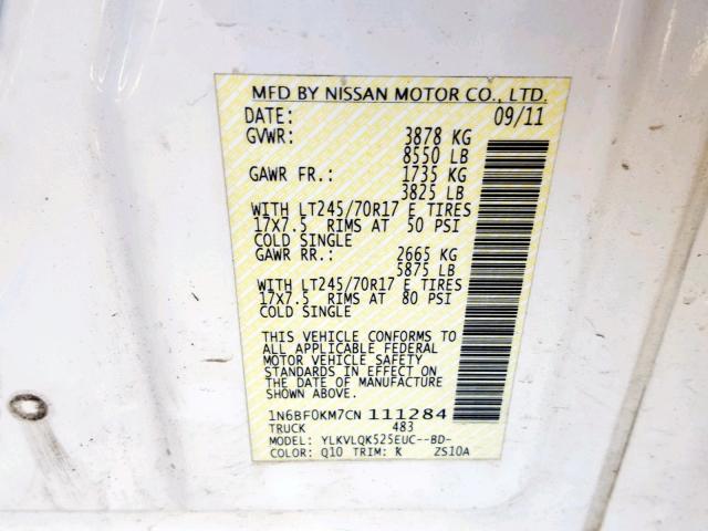 1N6BF0KM7CN111284 - 2012 NISSAN NV 1500 WHITE photo 10