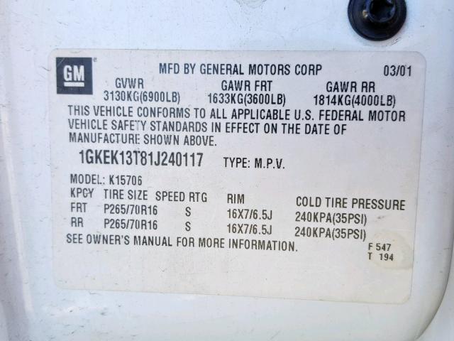 1GKEK13T81J240117 - 2001 GMC YUKON WHITE photo 10