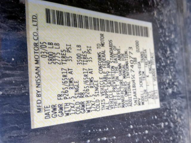 5N1AR18U45C740773 - 2005 NISSAN PATHFINDER BLUE photo 10