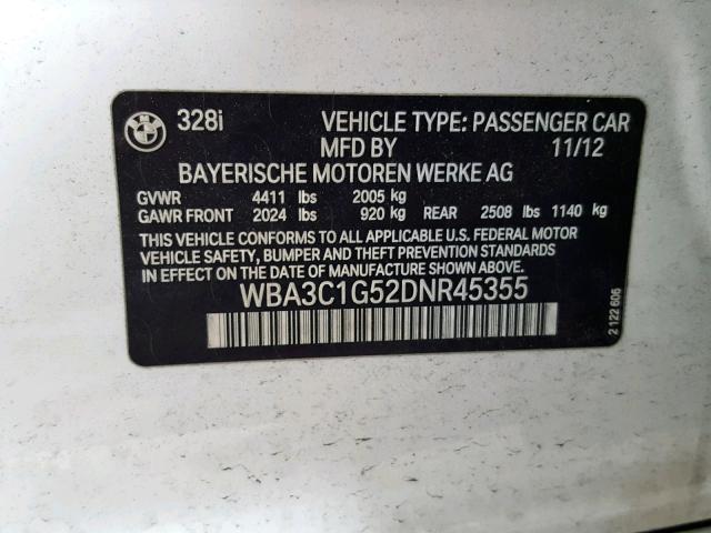 WBA3C1G52DNR45355 - 2013 BMW 328 I SULE WHITE photo 10