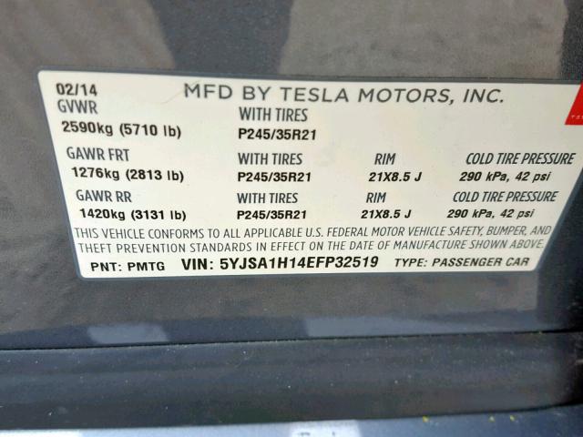 5YJSA1H14EFP32519 - 2014 TESLA MODEL S GRAY photo 10