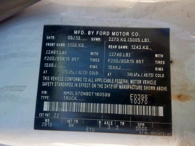 NM0LS7DN8DT160599 - 2013 FORD TRANSIT CO WHITE photo 10