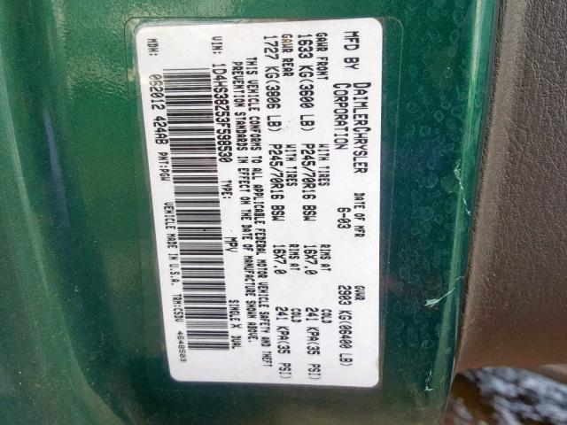 1D4HS38Z53F598530 - 2003 DODGE DURANGO SP GREEN photo 10