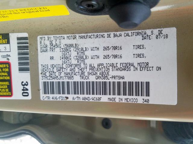 3TMCZ5AN5JM177085 - 2018 TOYOTA TACOMA DOUBLE CAB  照片 10