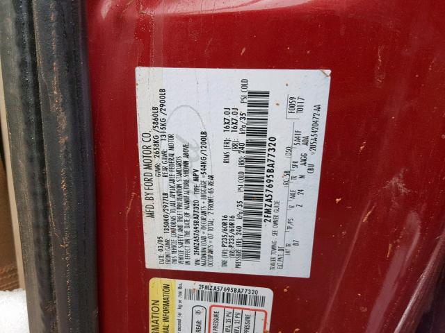 2FMZA57695BA77320 - 2005 FORD FREESTAR S RED photo 10