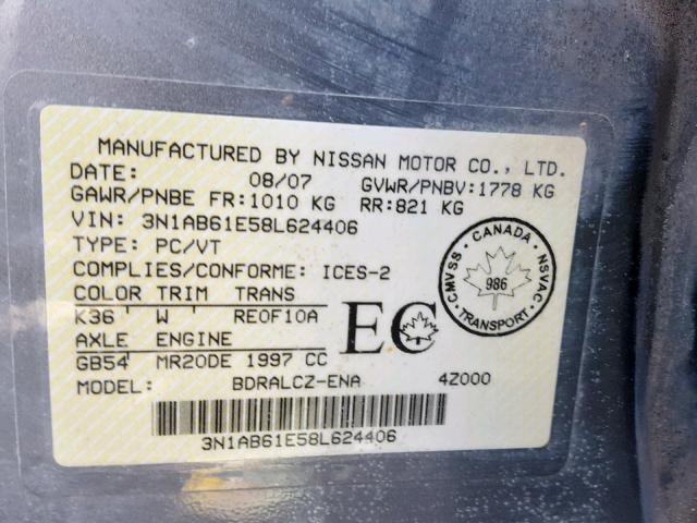 3N1AB61E58L624406 - 2008 NISSAN SENTRA 2.0 GRAY photo 10