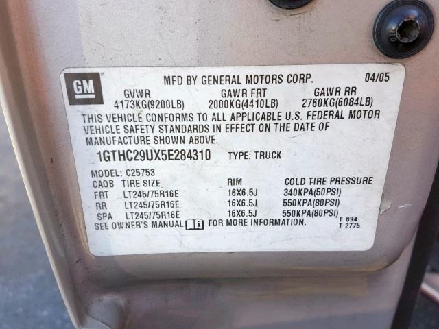 1GTHC29UX5E284310 - 2005 GMC SIERRA C25 SILVER photo 10