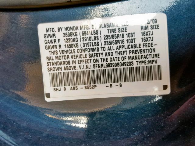 5FNRL38299B049203 - 2009 HONDA ODYSSEY LX BLUE photo 10