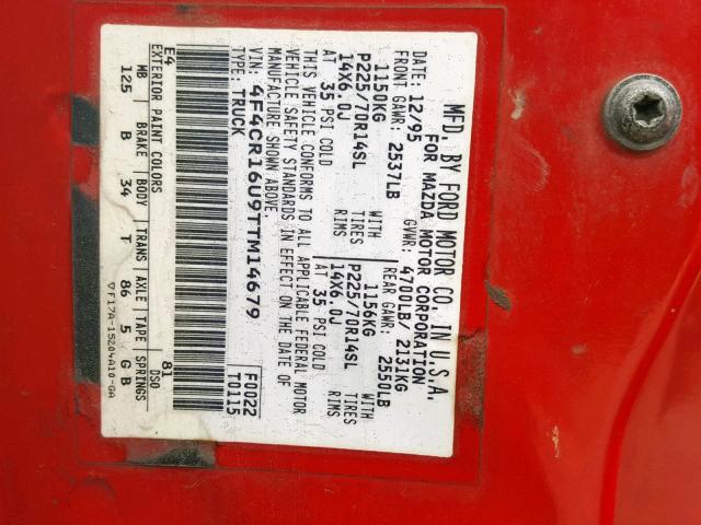 4F4CR16U9TTM14679 - 1996 MAZDA B3000 CAB RED photo 10