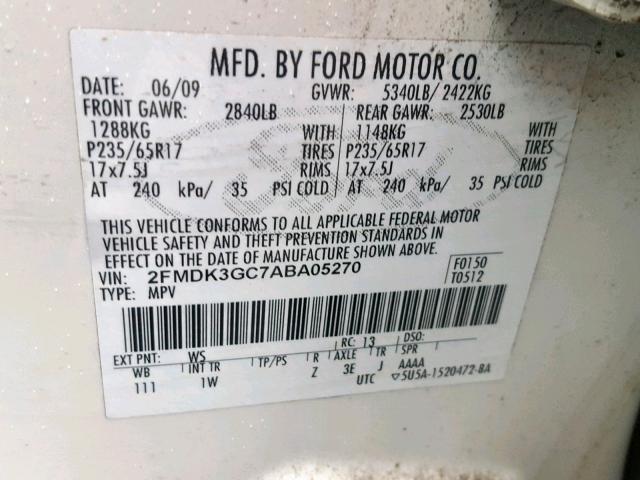 2FMDK3GC7ABA05270 - 2010 FORD EDGE SE WHITE photo 10