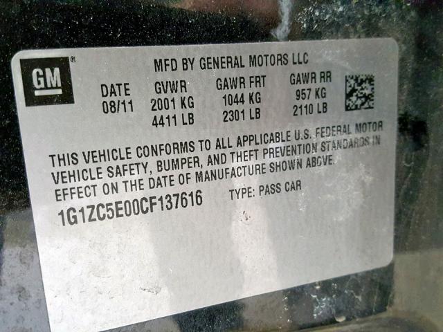 1G1ZC5E00CF137616 - 2012 CHEVROLET MALIBU 1LT 黑色 照片 10