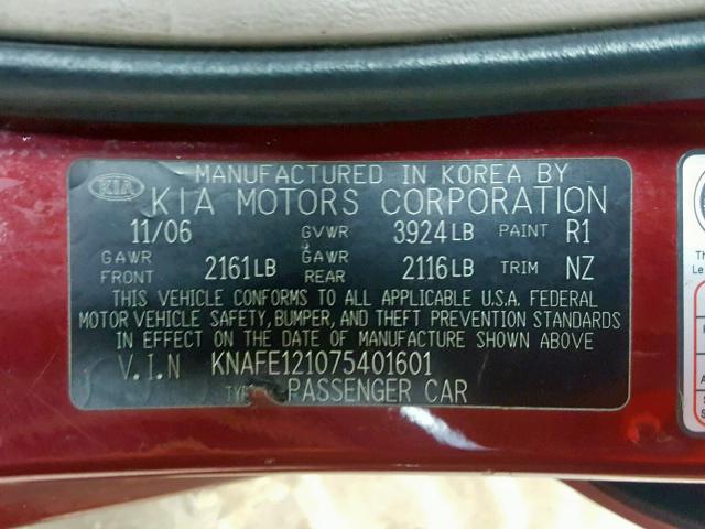 KNAFE121075401601 - 2007 KIA SPECTRA EX RED photo 10