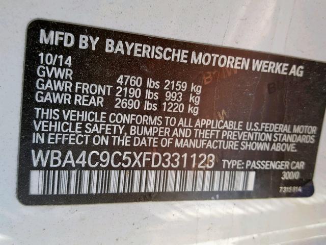 WBA4C9C5XFD331123 - 2015 BMW 428 XI WHITE photo 10