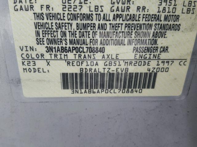 3N1AB6AP0CL708840 - 2012 NISSAN SENTRA 2.0 SILVER photo 10