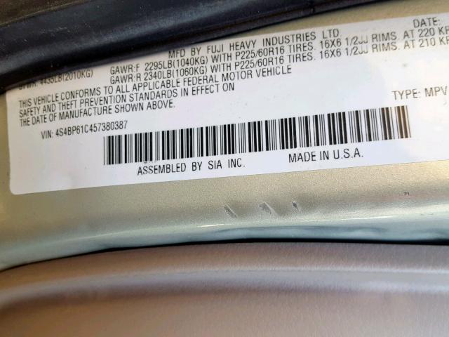 4S4BP61C457380387 - 2005 SUBARU LEGACY OUT TWO TONE photo 10