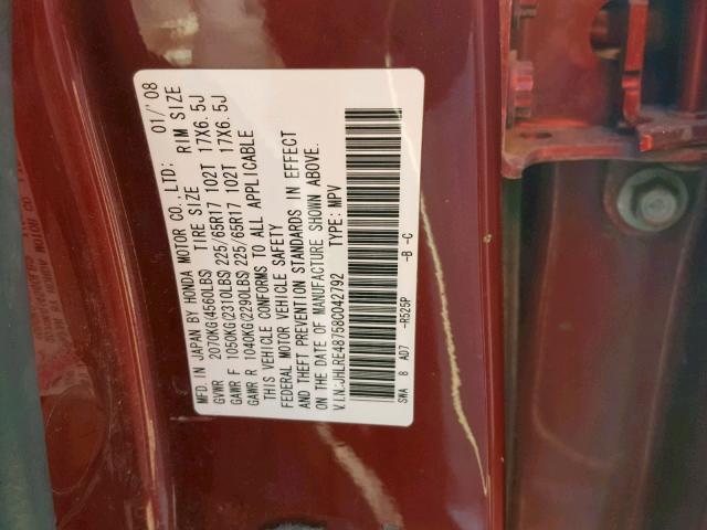 JHLRE48758C042792 - 2008 HONDA CR-V EXL RED photo 10