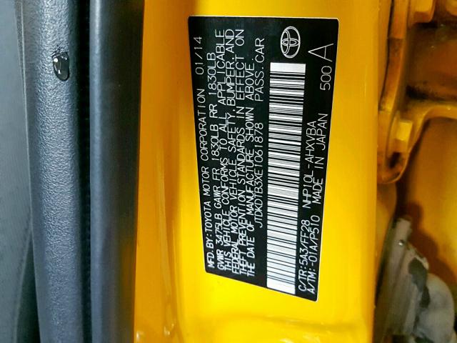 JTDKDTB3XE1061878 - 2014 TOYOTA PRIUS C YELLOW photo 10