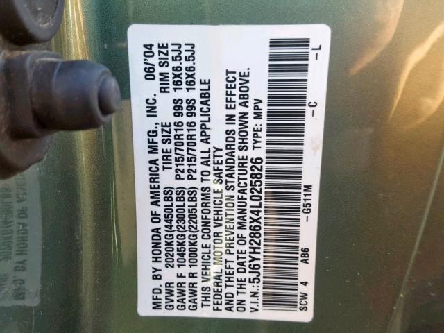 5J6YH286X4L025826 - 2004 HONDA ELEMENT EX GREEN photo 10