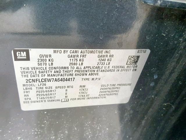 2CNFLCEW7A6404417 - 2010 CHEVROLET EQUINOX LS GRAY photo 10