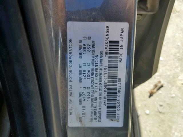 JM1BL1K68B1411151 - 2011 MAZDA 3 S CHARCOAL photo 10