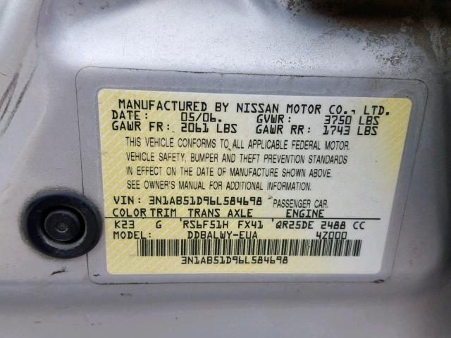 3N1AB51D96L584698 - 2006 NISSAN SENTRA SE- SILVER photo 10