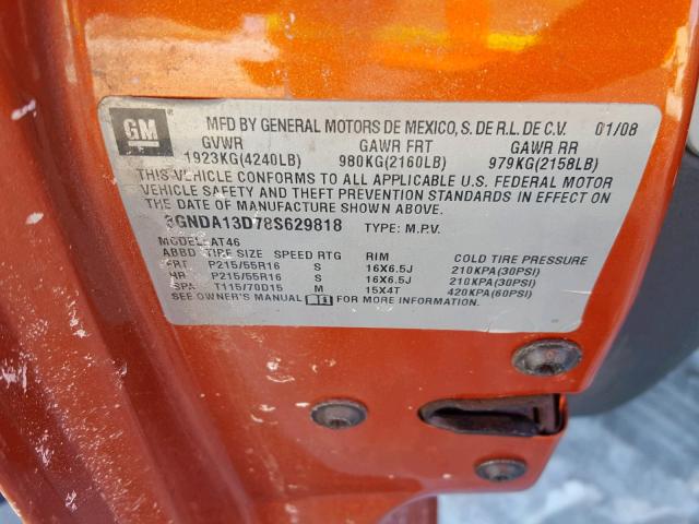 3GNDA13D78S629818 - 2008 CHEVROLET HHR LS ORANGE photo 10