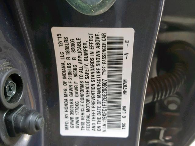 19XFC1F72GE205607 - 2016 HONDA CIVIC EXL GRAY photo 10