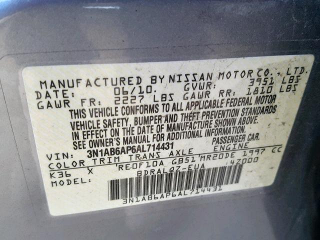 3N1AB6AP6AL714431 - 2010 NISSAN SENTRA 2.0 GRAY photo 10