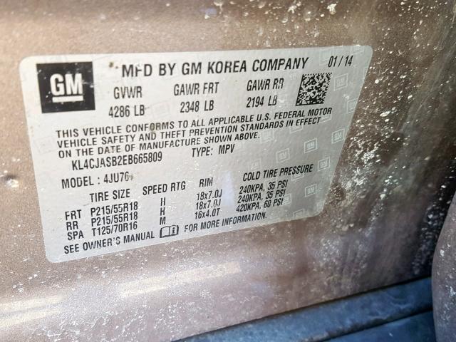 KL4CJASB2EB665809 - 2014 BUICK ENCORE CHARCOAL photo 10