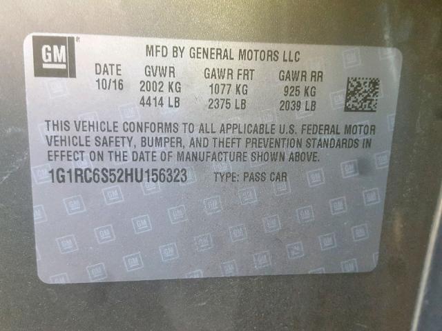 1G1RC6S52HU156323 - 2017 CHEVROLET VOLT LT GRAY photo 10