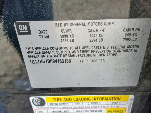 1G1ZH57B894163188 - 2009 CHEVROLET MALIBU 1LT 黑色 照片 10