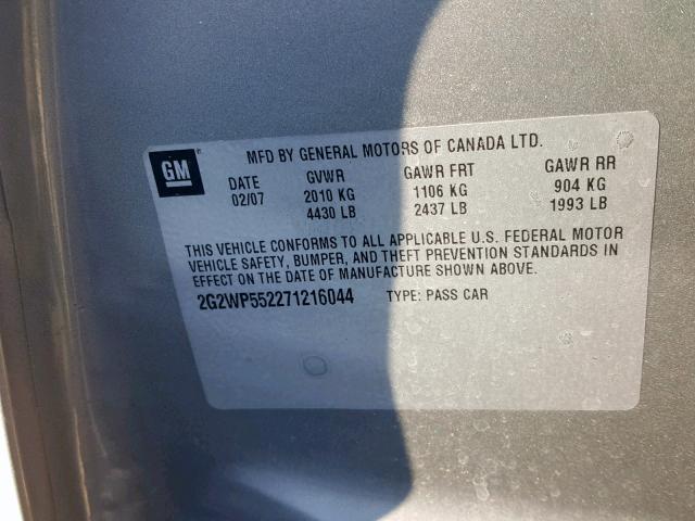 2G2WP552271216044 - 2007 PONTIAC GRAND PRIX CHARCOAL photo 10