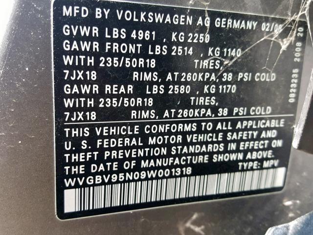 WVGBV95N09W001318 - 2009 VOLKSWAGEN TIGUAN SE GRAY photo 10