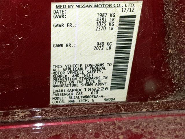 1N4BL3AP4DC189226 - 2013 NISSAN ALTIMA 3.5 RED photo 10