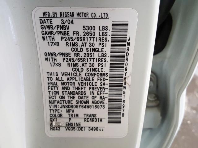JN8DR09Y64W916978 - 2004 NISSAN PATHFINDER LE  ფოტო 10