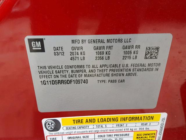 1G11D5RR9DF109740 - 2013 CHEVROLET MALIBU 1LT 红色 照片 10
