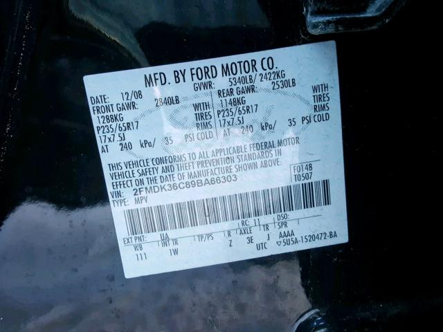 2FMDK36C89BA66303 - 2009 FORD EDGE SE BLACK photo 10