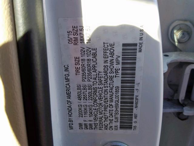 5J8TB3H59GL001859 - 2016 ACURA RDX TECHNO WHITE photo 10