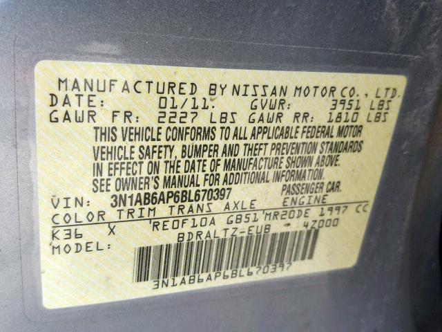 3N1AB6AP6BL670397 - 2011 NISSAN SENTRA 2.0 SILVER photo 10