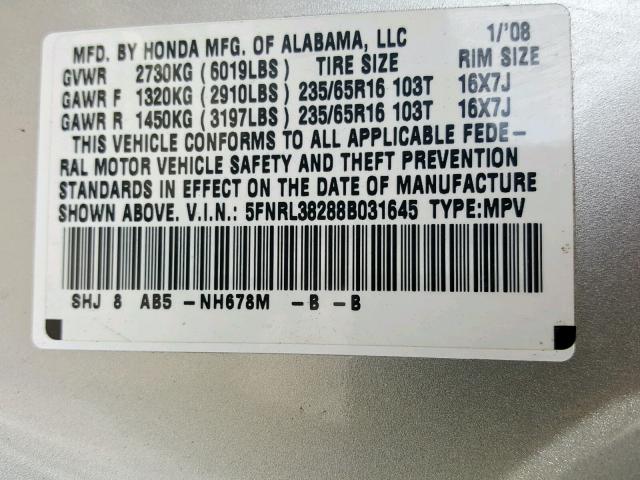 5FNRL38288B031645 - 2008 HONDA ODYSSEY LX SILVER photo 10