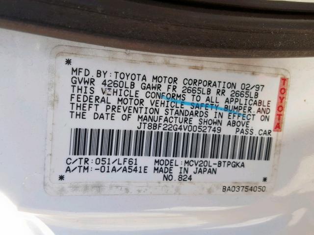 JT8BF22G4V0052749 - 1997 LEXUS ES 300 WHITE photo 10