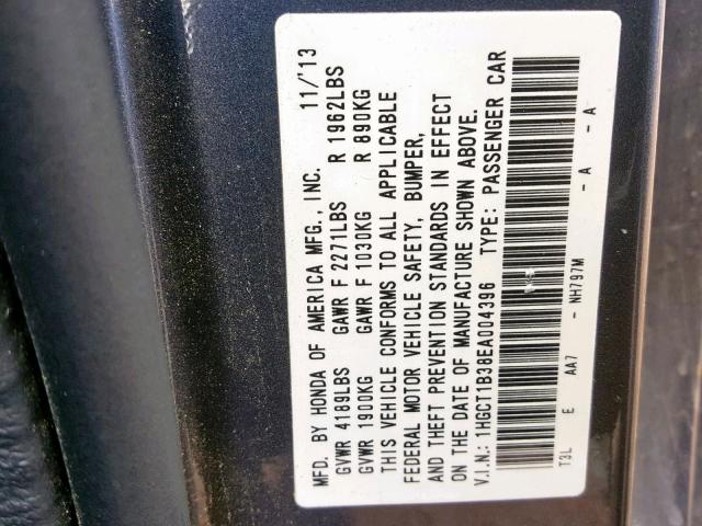 1HGCT1B38EA004396 - 2014 HONDA ACCORD LX- GRAY photo 10