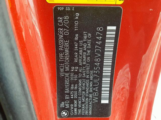 WBAUL73548VJ74478 - 2008 BMW 128 I RED photo 10