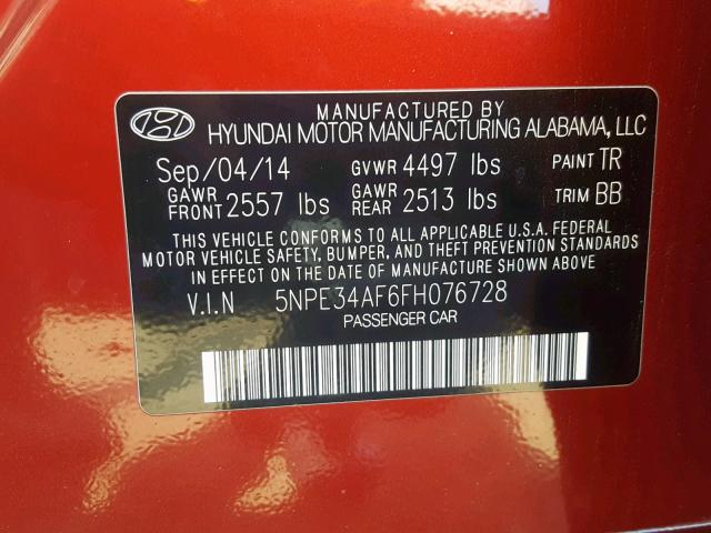 5NPE34AF6FH076728 - 2015 HYUNDAI SONATA SPO RED photo 10