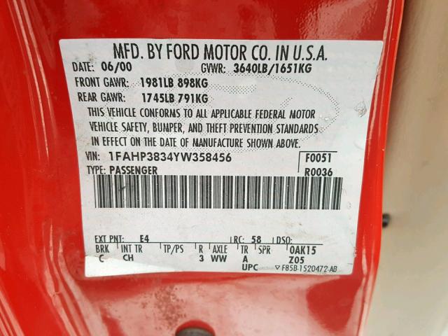 1FAHP3834YW358456 - 2000 FORD FOCUS ZTS RED photo 10