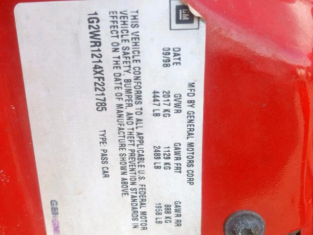 1G2WR1214XF221785 - 1999 PONTIAC GRAND PRIX RED photo 10
